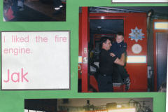 Katrine got a drink and a biscuit  - Jak liked the fire engine